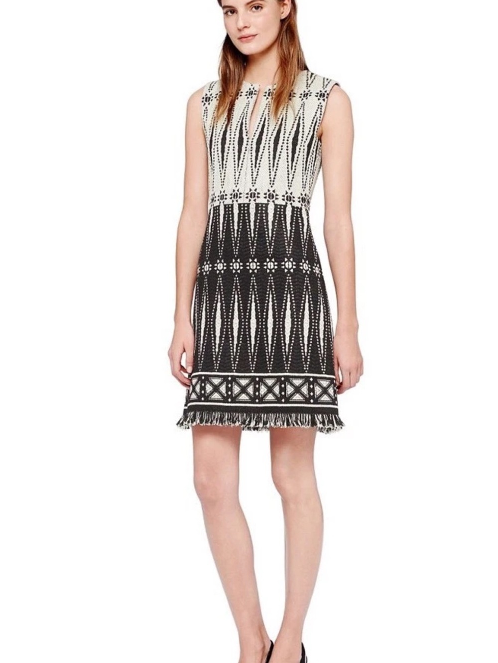 Tory Burch Black and White Geometric Fringe Shift Mini Dress